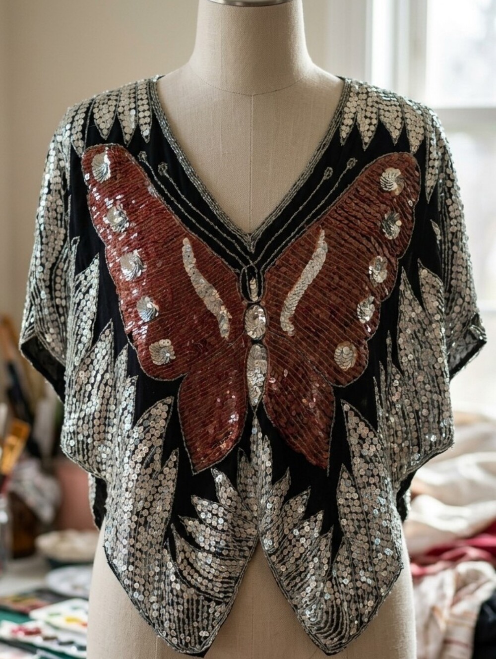 Vintage Hand Beaded‎ Butterfly Silk Top